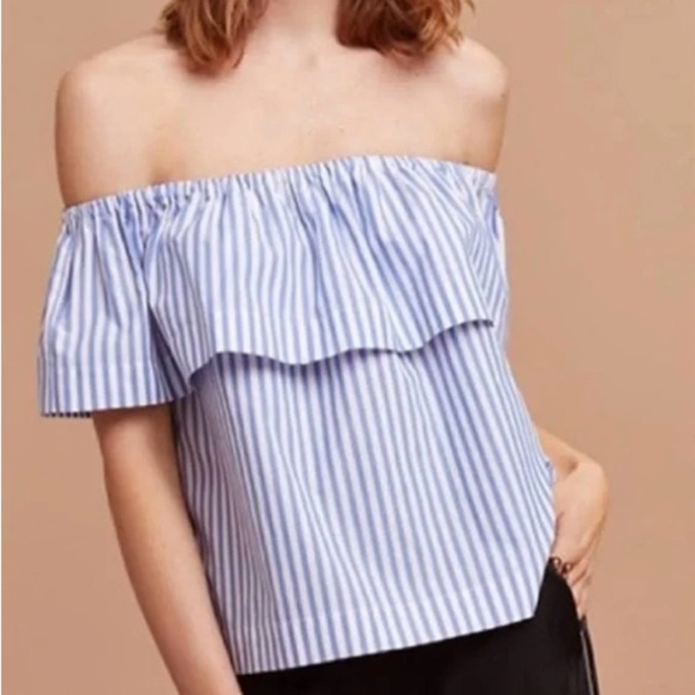 ARITZIA | Wilfred Hollande Striped Ruffled Off-Shoulder Blouse in Blue/White M